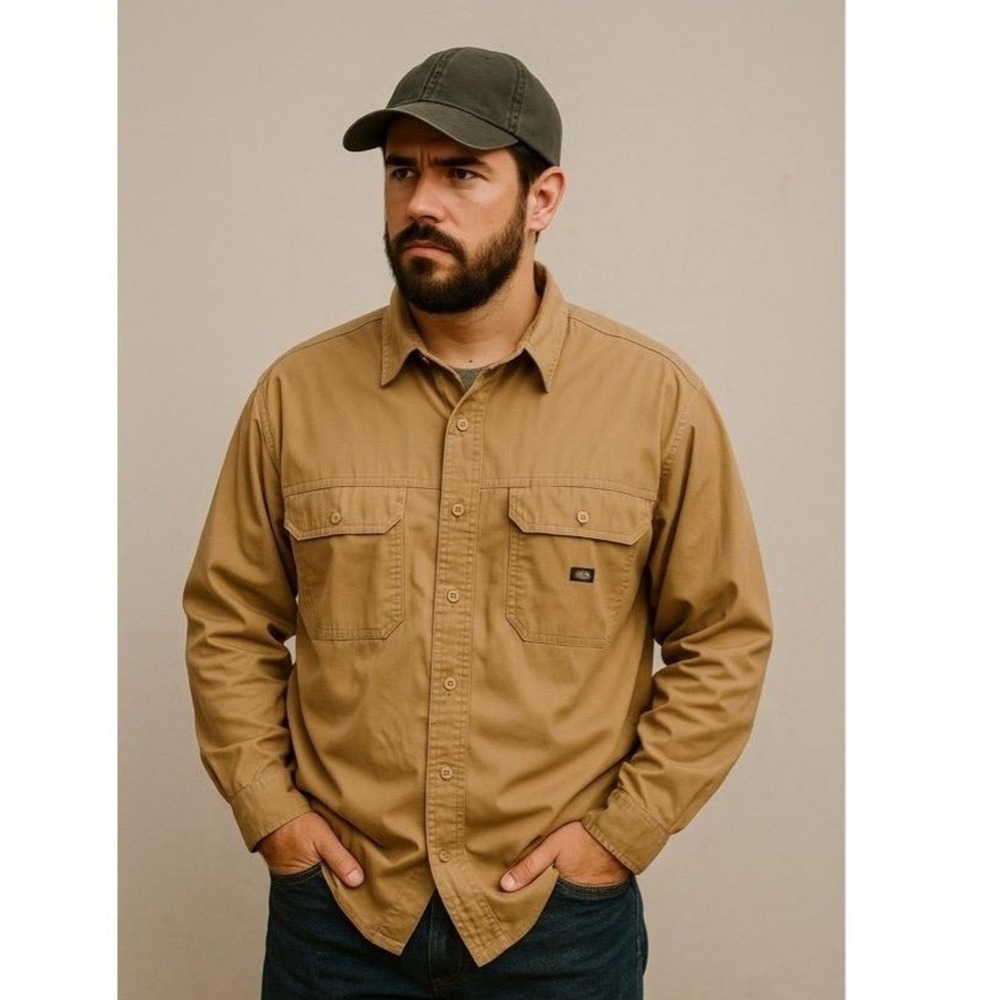 Dickies Shirt Mens 2XL Khaki Long Sleeve Double Chest Pocket Flap Workwear